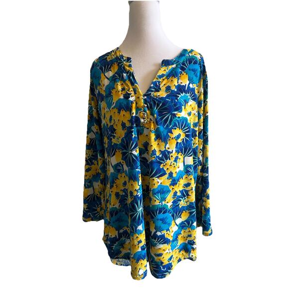 Ava & Grace Blouse Blue Yellow Floral Stretch Knit 3/4 Sleeve Popover Top 1X XL - Picture 2 of 11